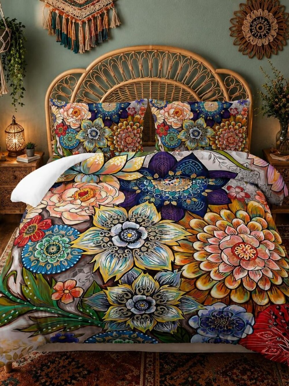 3 Pieces Boho Floral Comforter Set,Bohemian Colorful Flowers Comforter Set King